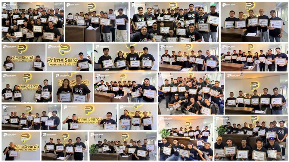 Groups of Filipino workers holding their departure documents at the Prime Search Manpower Agency office in Makati before flying to the Czech Republic, Italy, Slovakia, Lithuania and the United Kingdom in September 2026